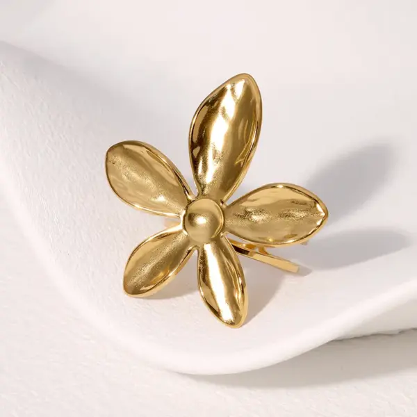 Wholesale PVD Coated Real Gold Plated 18K Gold Flower 304 Stainless Steel Vacation IG Style Waterproof Non Tarnish Open Rings