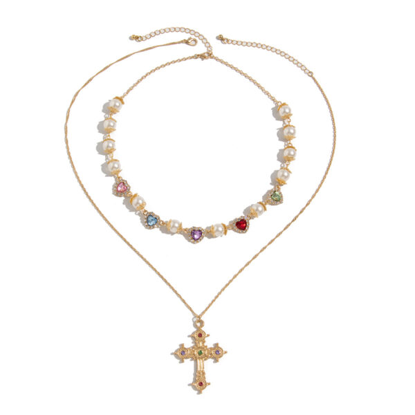 Wholesale Hip-Hop Niche Color Love Diamond Necklace Men's Fashion Personality Cross Pendant Collarbone Chain