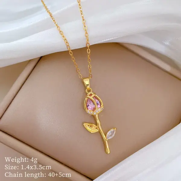 Wholesale Titanium Steel Copper Gold Plated Inlay Tulip Artificial Pearls Zircon Pendant Necklace