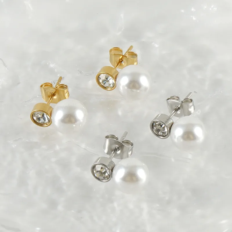 Wholesale 1 Pair Retro Geometric Inlay 304 Stainless Steel Artificial Pearls 18K Gold Plated Stainless Steel Earrings