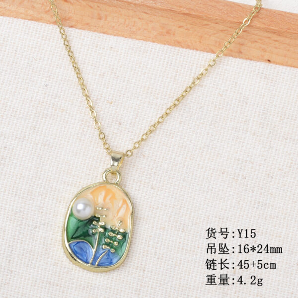 Wholesale Summer New Retro Oil Painting Style Monet Garden Necklace Light Luxury Baroque Pearl Flower Alloy Accessories Pendant