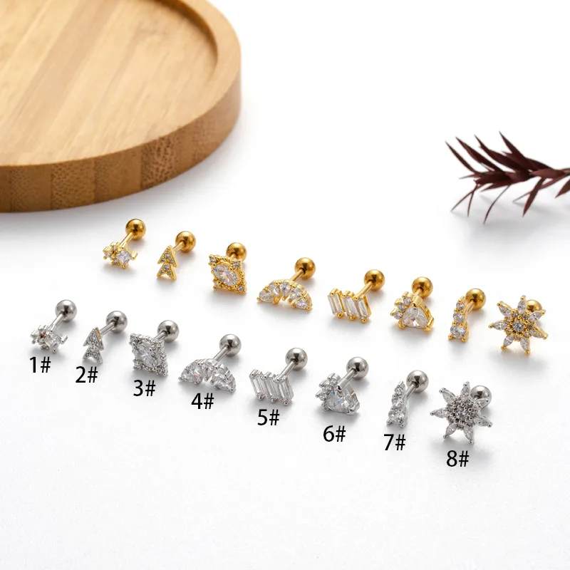 Wholesale 1 Piece Copper Zircon Ear Cartilage Rings & Studs Sector Snowflake Waterproof Non Tarnish Surgical Steel