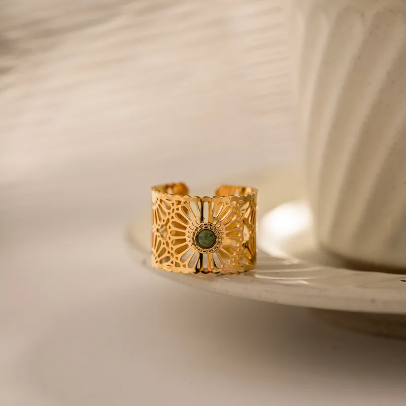 Wholesale Jewelry Fashion Round 304 Stainless Steel Natural Stone PVD Coated Plating Inlay Open Ring