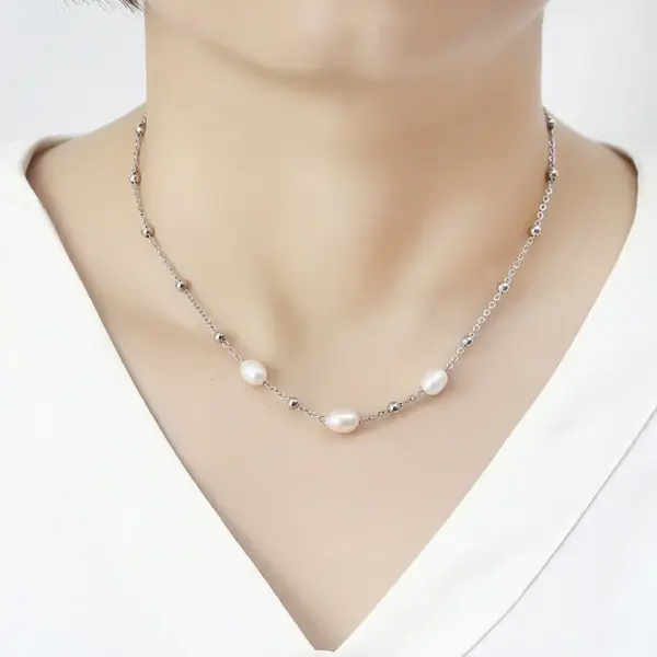 Wholesale Elegant Water Droplets Stainless Steel Freshwater Pearl Beaded Necklace