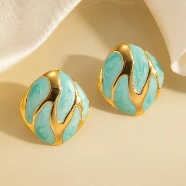 Wholesale 304 Stainless Steel Plastic Square Electroplating Imitation Gold Retro Classic Style Multicolor-Golden Yellow Ear Studs