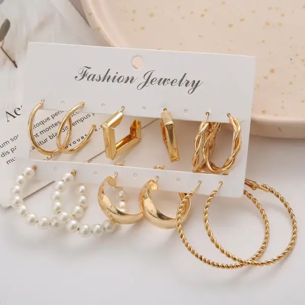 Vintage Style Geometric Inlaid Pearls Alloy Hoop Earrings