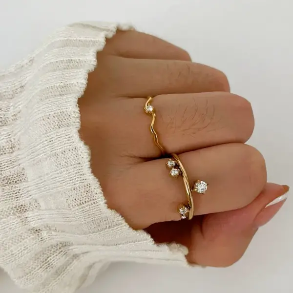 Wholesale 304 Stainless Steel Geometric PVD Coated Zircon Real Gold Plated Commute Korean Style Waterproof Non Tarnish Irregular Surgical Steel Gold Rings