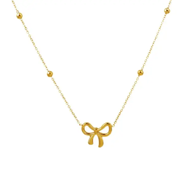 Wholesale PVD Coated Real Gold Plated Round Heart Shape Bow Knot Titanium Steel Sweet Waterproof Non Tarnish Titanium Steel Lobster Trigger Clasp Closure Necklace