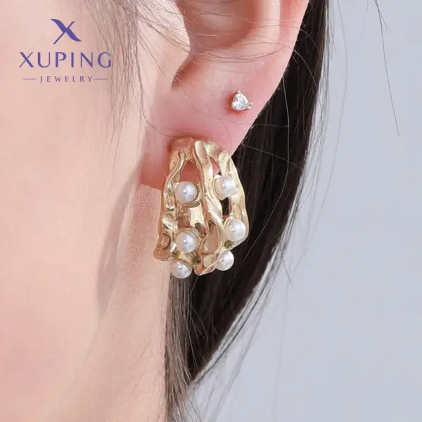 Wholesale 1 Pair Elegant Vintage Style XUPING Geometric Hollow Out Inlay 304 Stainless Steel Artificial Pearls 18K Gold Plated Raw Steel Ear Studs