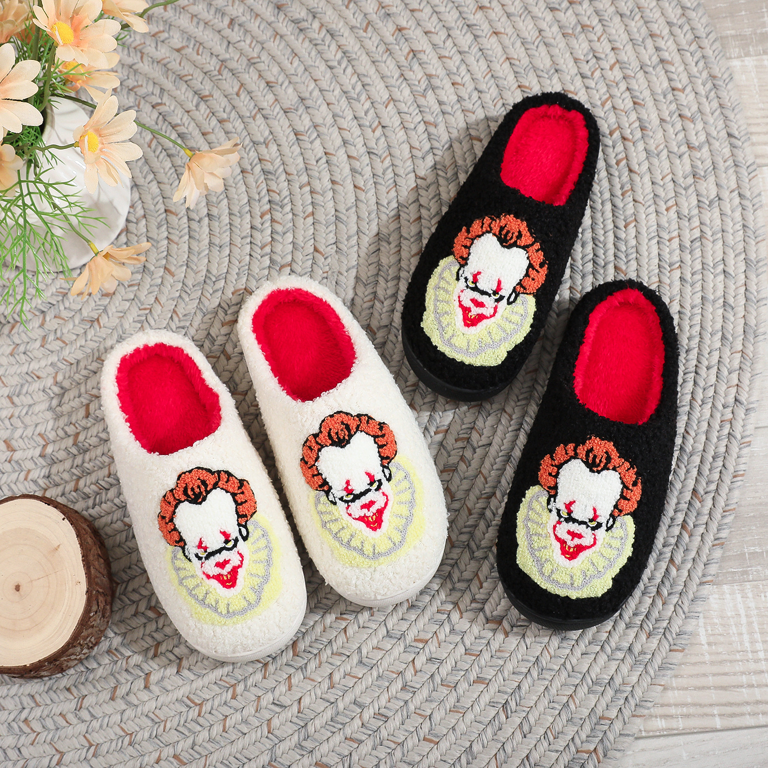 Wholesale 25 New Cross-Border Funny Clown Cotton Slippers for Women Cartoon Horror Movie Christmas Warm Wool Slippers for Men