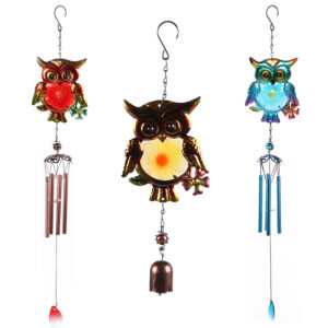 Wholesale Cross-Border Hot Selling Wind Chime Owl Iron Metal Hanging Ornaments Glass Painted Spray Paint Crafts Pendant Courtyard Garden