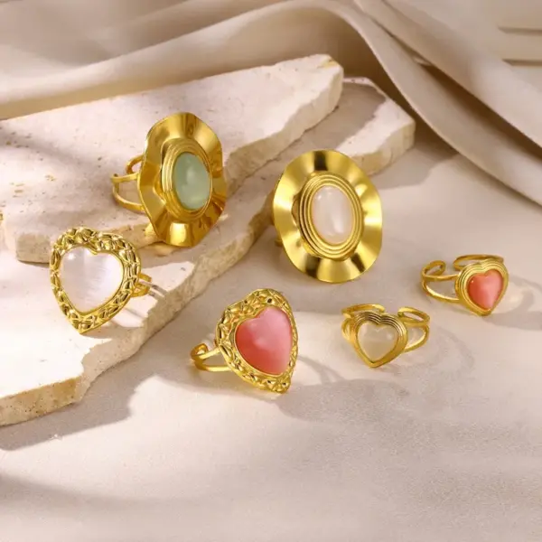 Wholesale PVD Coated Real Gold Plated Heart Shape 304 Stainless Steel Synthetic Gemstones Elegant French Style Sweet Waterproof Non Tarnish Open Rings