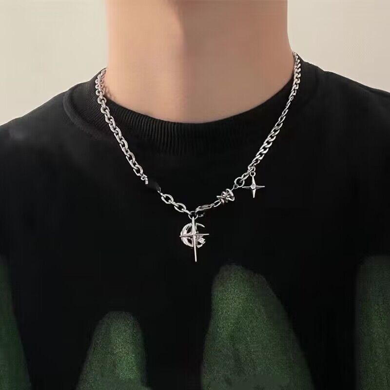 Wholesale Titanium steel necklace black gem Awn star European and American hip hop Street necklace boys niche design high-grade clavicle chain