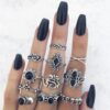 Wholesale Vintage carved sun feather cross black gemstone ring set
