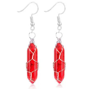 Silver Red Turquoise Earrings / Wire-Wound Hexagon Prism Earrings