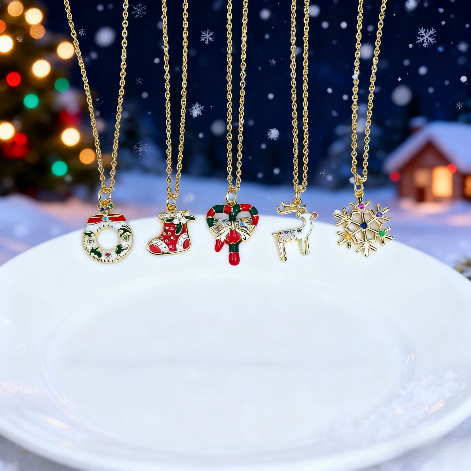 Wholesale Christmas Snowflake and Reindeer Necklace, Christmas Wreath, Candy and Diamond Pendant Necklace
