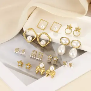 Wholesale 304 Stainless Steel Star Flower Bow Knot PVD Coated Imitation Pearl Zircon 18K Real Gold Plated Elegant Classic Style Waterproof Non Tarnish Ear Studs