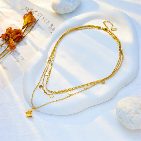 Wholesale European and American Fashion Light Luxury High-End Simple Niche Design Multi-Layer Titanium Steel Stacked Chain Glossy Butterfly Pendant Necklace