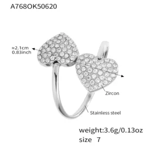 A768-Steel Double Loving Heart Zircon Ring / 7