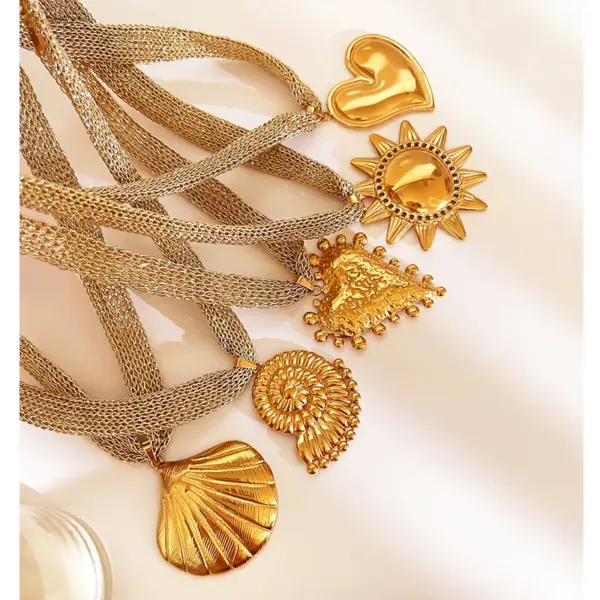 Wholesale Fashion Trendy Stainless Steel Leaf Conch Sun High-End Necklace Knitted Silk Mesh Belt Necklace For Women