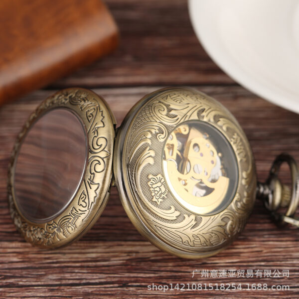 Wholesale Flip Retro Transparent Cover Carved Magnifier Automatic Engraving Mechanical Pocket Watch Roman Numerals Foreign Trade Hot Sale