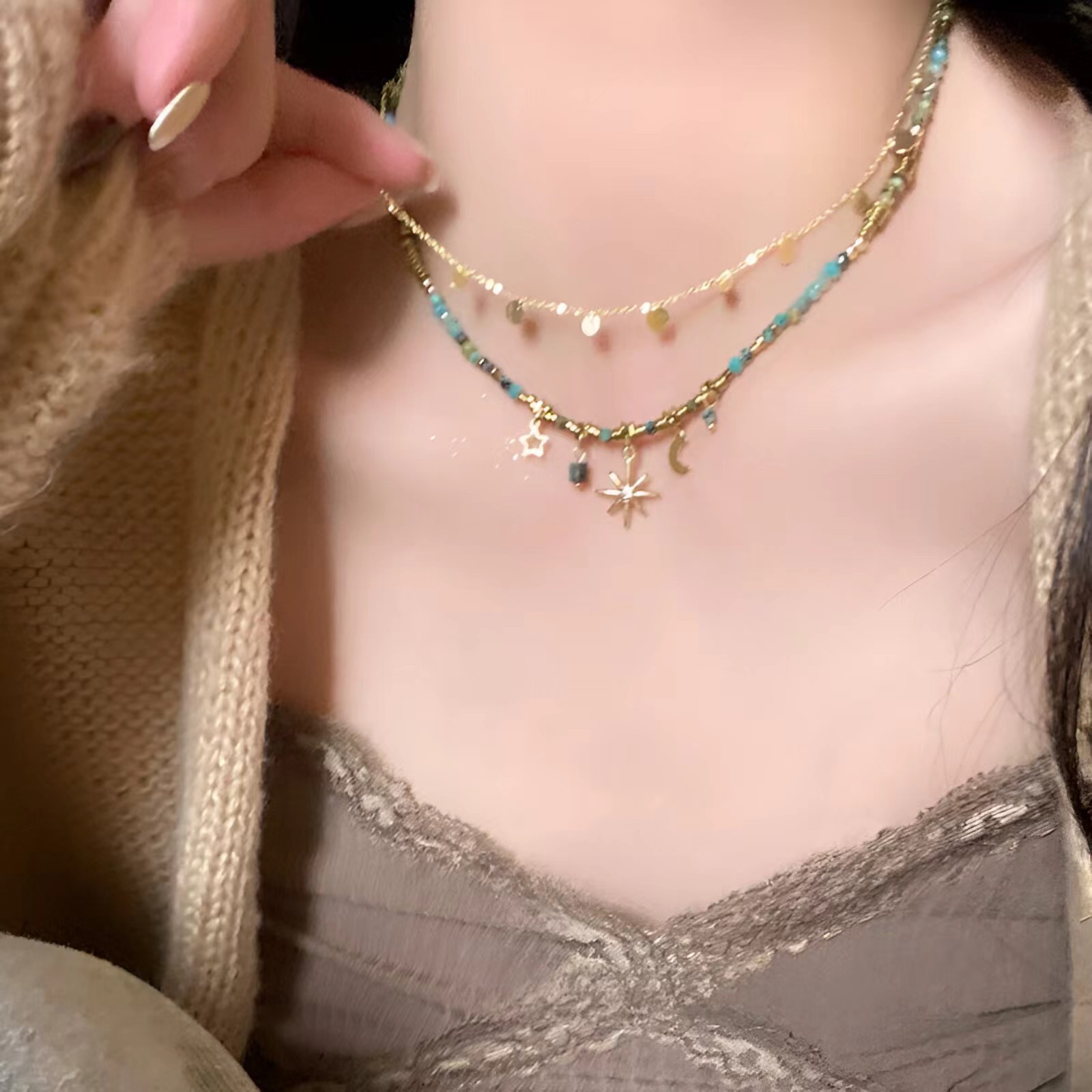Wholesale Vintage Mang Star Double Layer Stacked Necklace Women's Creative Niche Light Luxury Personalized All-match Clavicle Chain High-end Fashion A