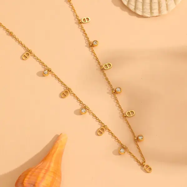 Wholesale 304 Stainless Steel Round Water Droplets Eye PVD Coated Rhinestones Shell 18K Real Gold Plated Cute Sweet Waterproof Non Tarnish Inlay Gold Bracelets Necklace