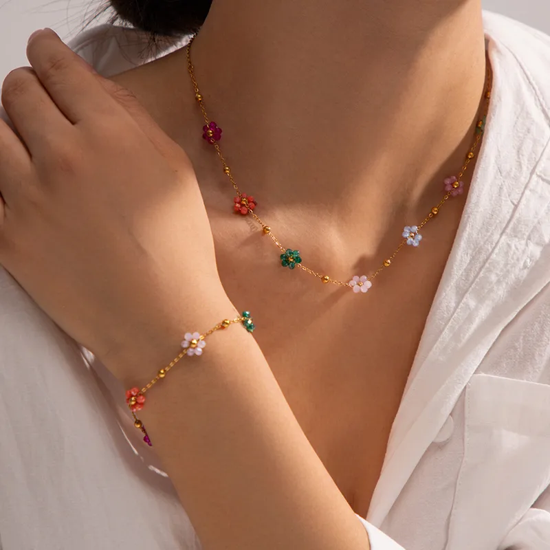 Wholesale Jewelry Elegant Modern Style Flower Titanium Steel Plating Cable Chain Bracelets Necklace