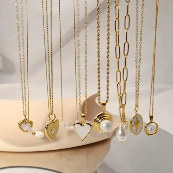 Wholesale PVD Coated 18K Gold Real Gold Plated Round Oval Heart Shape 304 Stainless Steel Imitation Pearl IG Style Waterproof Non Tarnish 304 Stainless Steel Lobster Trigger Clasp Closure Pendant Necklace