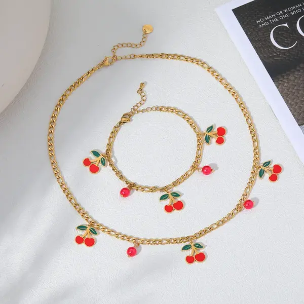 Wholesale Jewelry Elegant Sweet Cherry 304 Stainless Steel 18K Gold Plated Exy Inlay Jewelry Set
