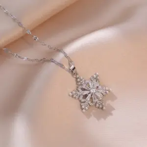 X2022 Steel Color Snowflake Rotating Necklace
