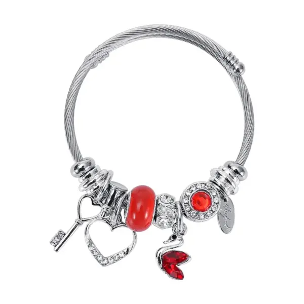 Wholesale Casual Simple Style Swan Heart Shape Key Stainless Steel Inlay Artificial Gemstones Bangle