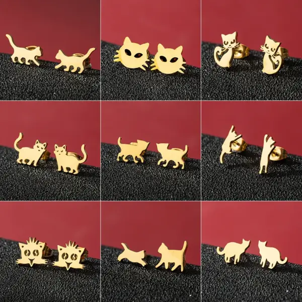 Wholesale PVD Coated 18K Gold Real Gold Plated Animal Cat 304 Stainless Steel Cute Basic Sweet Waterproof Non Tarnish Ear Studs