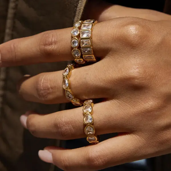 18K Gold Plated 304 Stainless Steel Vacuum Electroplating (In Furnace) Zircon Round Square Water Drop Heart Inlaid Ring For Women Valentine's Day