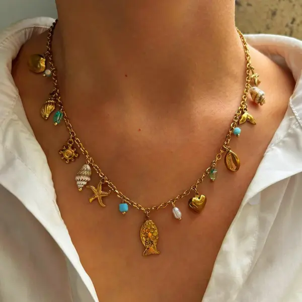 304 Stainless Steel Tortoise Starfish Shell PVD Coated Shell Real Gold Plated Nordic Style Marine Style Beach Waterproof Non Tarnish Surgical Steel Cuban Link Chain Curb Chain Lobster Trigger Clasp Closure Gold Pendant Necklace