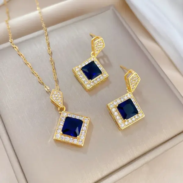Wholesale Golden Plated 304 Stainless Steel Electroplating Zircon Rhombus Luxurious Earrings Necklace For Women'S