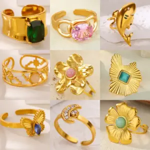 Wholesale Romantic Flower Moon Butterfly Shark Pattern Open Ring 18K Gold Plated Luxury Zircon Imitation Jade Women's Jewelry Banquet Party Wedding Jewelry Stainless Steel