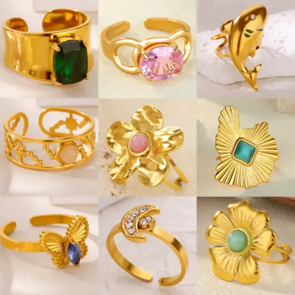 Wholesale Romantic Flower Moon Butterfly Shark Pattern Open Ring 18K Gold Plated Luxury Zircon Imitation Jade Women's Jewelry Banquet Party Wedding Jewelry Stainless Steel