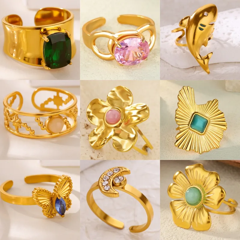 Wholesale Romantic Flower Moon Butterfly Shark Pattern Open Ring 18K Gold Plated Luxury Zircon Imitation Jade Women's Jewelry Banquet Party Wedding Je