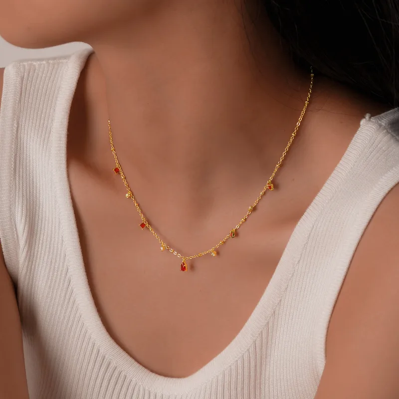 Wholesale Copper 18K Gold Plated Inlay Colorful Zircon Pendant Necklace