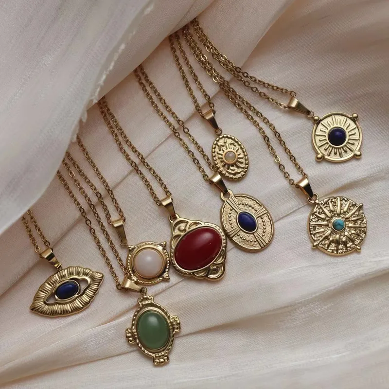 Wholesale 201 Stainless Steel 304 Stainless Steel Ferroalloy Round Oval Eye Electroplating Vacuum Plating Natural Stone Real Gold Plated Vintage Style