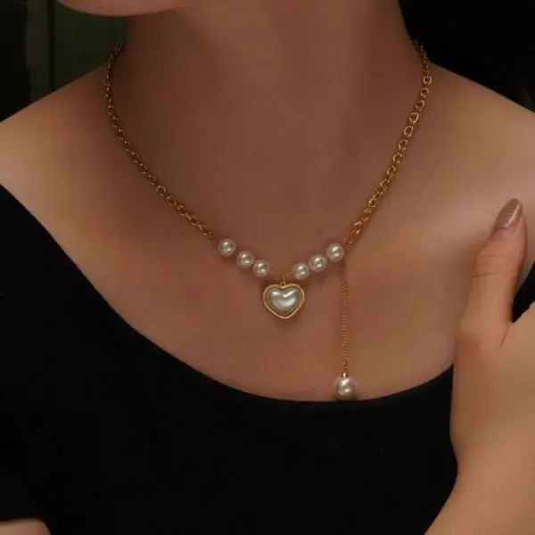 304 Stainless Steel Plastic Heart Shape Ion Plating (IP) 18K Gold Plated Elegant Waterproof Non Tarnish Beaded Pearl Regular Chain Gold Bracelets Necklace Jewelry Set