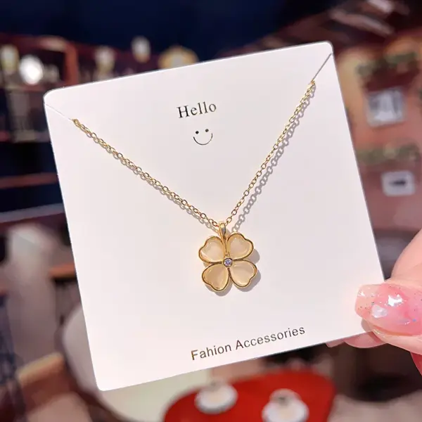 Wholesale Fashion Four Leaf Clover Gourd Fish Tail 304 Stainless Steel Copper Inlay 18K Gold Plated White-Plated K Zircon Pendant Necklace