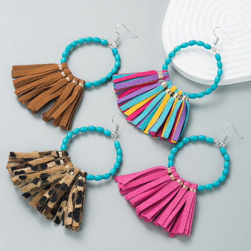 Wholesale Independent Station Amazon Hot Earrings Exaerated Large Round Turquoise Handmade Leather Tassel Party Earrings Earrings