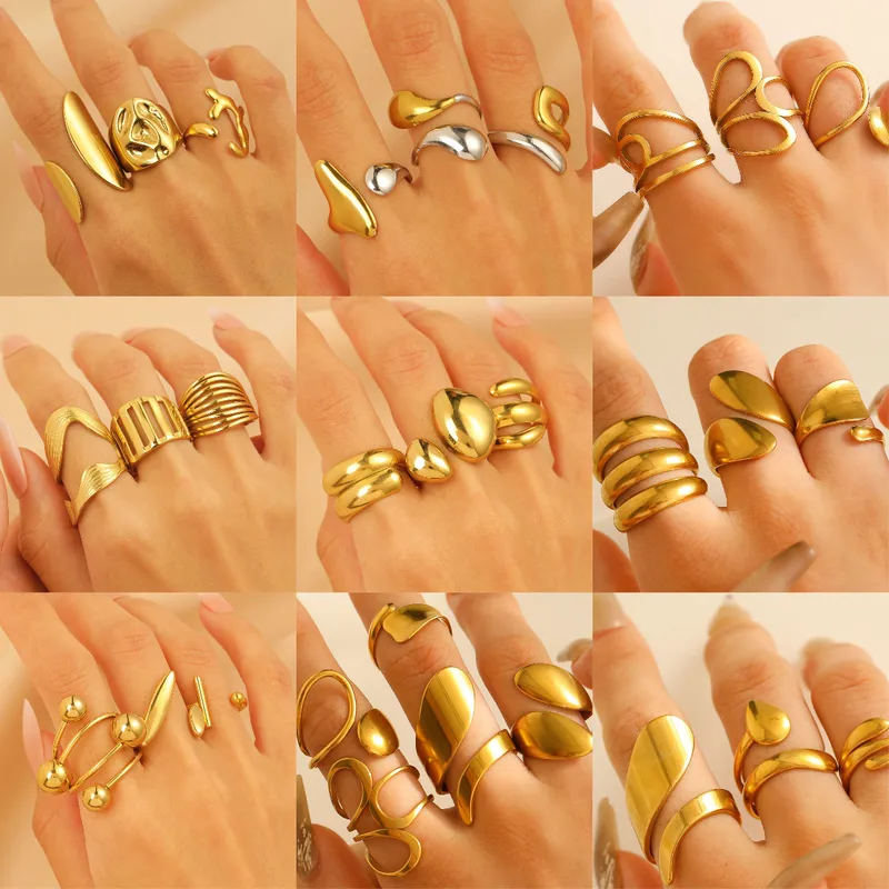 Wholesale 18K Gold Stainless Steel Ring Women's High-End Color Block Waterdrop Geometric Ring Fashionable Durable Jewelry Accessory