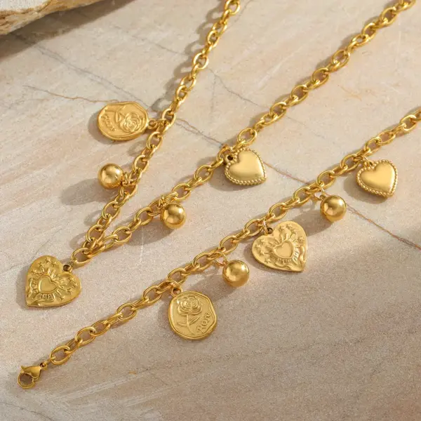 Ion Plating (IP) 18K Gold Plated Geometric Heart Shape Ball 304 Stainless Steel Casual Elegant Artistic Multi Charms Bracelet Necklace