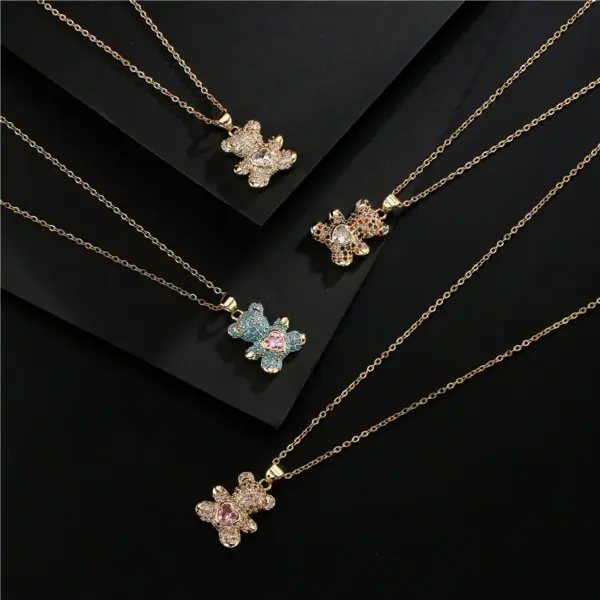 Fashion Copper Micro-inlaid Color Zirconium Turquoise Heart Bear Pendant Necklace