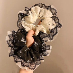 Wholesale Elegant French Style Lace Large Intestine Hair Ring Mori Style All-match Hair Ring Hair Rope Floral Leather Tendon Hair Aessories