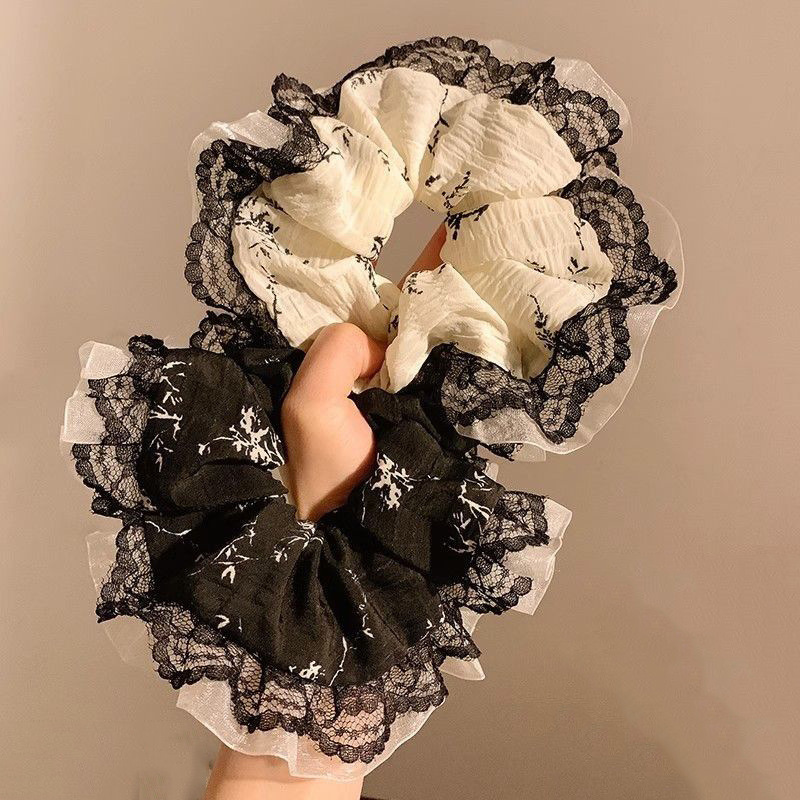 Wholesale Elegant French Style Lace Large Intestine Hair Ring Mori Style All-match Hair Ring Hair Rope Floral Leather Tendon Hair Aessories