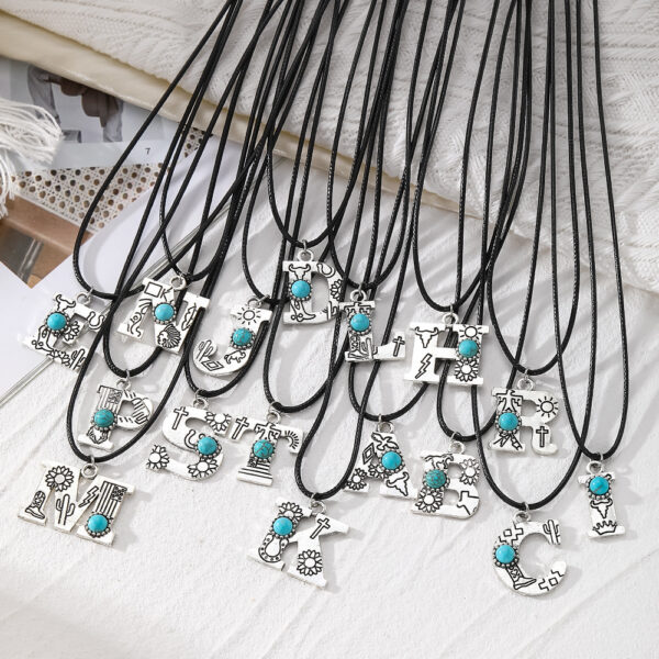 Wholesale Cross-border Alloy English Letter Pendant Necklace Female Western Style Cactus Sunflower Turquoise Chain Amazon